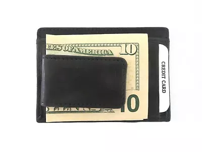 Magnetic Money Clip Wallet ID Credit Card Holder Black Genuine Leather Gift Box • $9.99