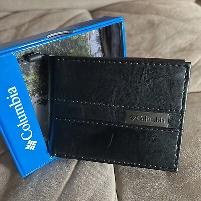 COLUMBIA Men's Genuine Coated Leather Wallet RFID Protection NIB $38 Black • $22.90