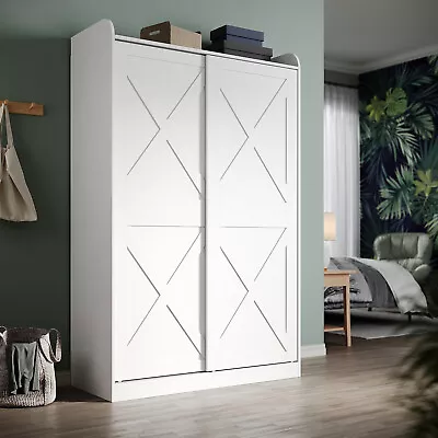 Bedroom 2 Sliding Door Wardrobe Matt White Storage Cupboard With 2 Hanging Rails • £202.48