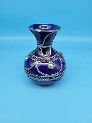 £142.35 • Buy Vintage Moroccan Cobalt Blue Ceramic Glaze Filigree Silver? Jug Vase Ornate