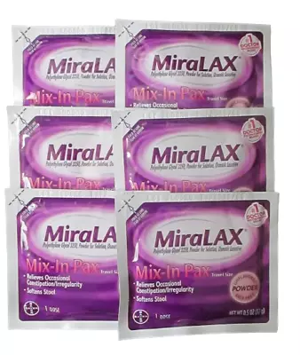 6 - MiraLAX Mix-In Pax Single Dose .05oz 17g Travel Size Unflavored Grit Free • $10.75