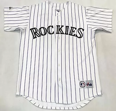 Majestic MLB Colorado Rockies HAMPTON #10 Pinstripe Jersey M White Sewn • $39.95