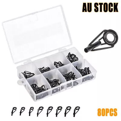 80 Fishing Rod Guide Set Tackle Tips Repair Kits Ring 8 Size Stainless Steel Box • $17.17