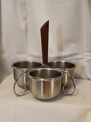 Vintage MCM Condiment Caddy 3 Stainless Steel Bowls Wood Handle • $10