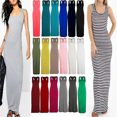 Womens Ladies Long Maxi Dress Plain Racer Muscle Back Vest Stretch Jersey 8-26 • £7.99