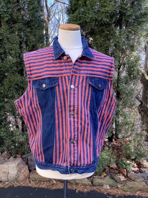 $37.99 • Buy Vtg! CHIORI Navy Blue/Orange Striped 100% Cotton Button-Up Denim VEST Mens Sz-XL