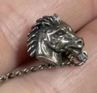 Horse Head Tie Tack Pin STERLING SILVER With Chain Toggle • $18.90