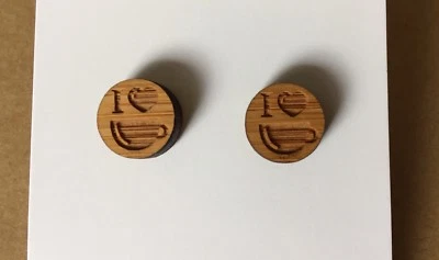 I Heart Coffee Stud Earrings Wood 12mm Surgical Steel Laser Cut Cup Gift • $7
