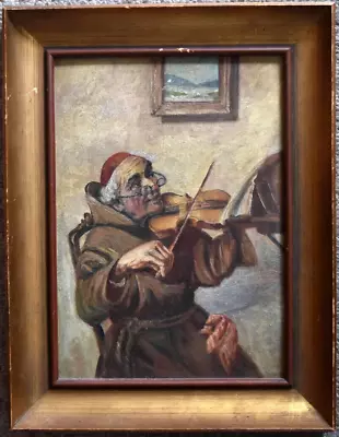 Old Vintage Antique Monk Playing Violin Original Oil Painting On Canvas • $199