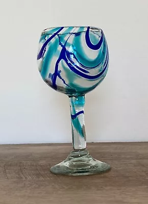 1 Murano Style Art Hand Blown Wine Glasses Goblet Blue And Aqua Swirls • $10.99