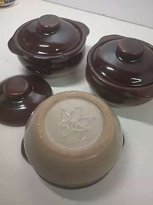 Monmouth Pottery Bowls Maple Leaf Dip Glaze Stoneware SOUP BOWL With LIDS (3) • $29.85