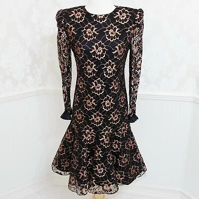 Ricki Lang For Nuit Vintage 80s Black Gold Lace Party Dress Prom Bridesmaid Glam • $28.99