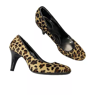 Merona Animal Print Leopard Leather Faux Fur Heels Brown Tan Size 8.5 • $18