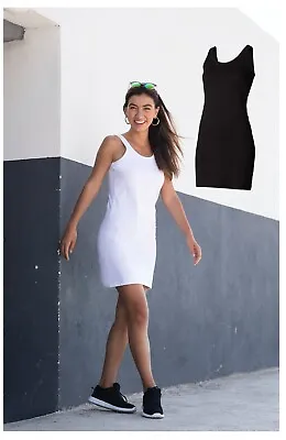 Ladies Womens Black Or White Extra Long Stretch Tank Top Dress Vest Singlet • £12.50
