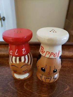 Vintage Wodden Salt Pepper Shakers Boy Girl Chef Red And White Hats • $5