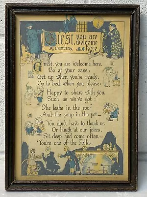 Antique 20s Buzza Motto Poem Deco Framed Litho “Guest You Are Welcome Here” Art • $40