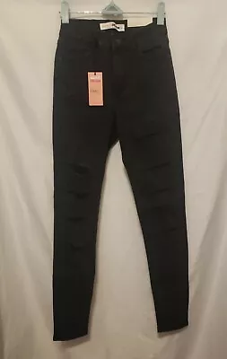 SUPRE Denim Jeans Sz 8 Black Skinny Ultra Ripped Skinny Leg Mid Rise Distressed • $14.99