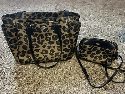 Michael Kors Baby Bag/x-lg Tote Crossbody Purse Set Cheetah Black Tan 2 Bags  • $250
