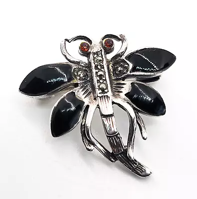 Dragonfly Black Onyx And Marcasite Sterling Silver Brooch With Red Eyes • $28.80