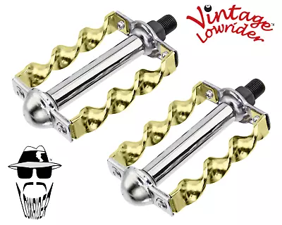 ORIGINAL F&R Vintage Lowrider Flat Twisted Bicycle Pedals 1/2  Steel Chrome/Gold • $33.99