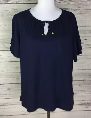 Michael Kors Women’s Navy Blue Keyhole Tie Neck Stretch Peasant Top Size XL • $17.99