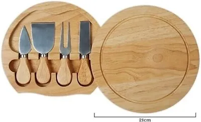 Cheese Board & Knives Set Round Cheese Chopping Cutting Serving Board Hevea Wood • £13.99