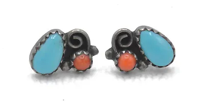 VTG Navajo Turquoise & Red Coral Sterling Silver Stud Earrings • $29