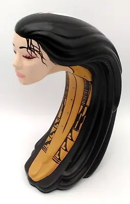 Vintage Sittre Ceramic Black Long Hair W/Feather Woman Face Sculpture Art Decor • $69.99