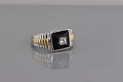 Two Tone Sterling Silver Black Onyx Sapphire Watchband Band Ring 925 Sz: 10 • $37.50