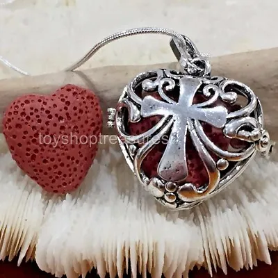 $12.95 • Buy Aromatherapy Diffuser Sacred Heart Cross Necklace Essential Oil Red Lava Stone