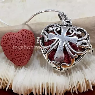 Aromatherapy Diffuser Sacred Heart Cross Necklace Essential Oil Red Lava Stone • $12.95