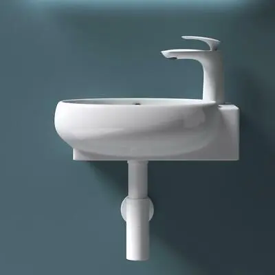 Cloakroom Wash Basin Sink Ceramic Wall Hung Countertop Small Oval + Waste Plug • £43.95