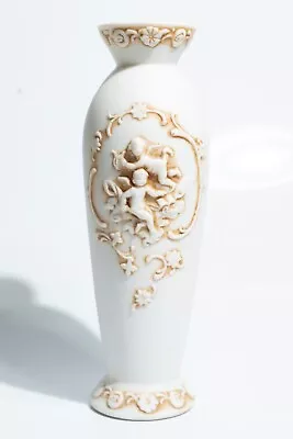 Vintage Lefton Antiqued Cherub Bud Vase Porcelain Bisque Raised Angels Floral • $17.99