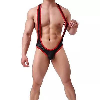 Men's Sexy Mesh Jockstrap Leotard Underwear Jumpsuits Wrestling Singlet Bodysuit • £11.86