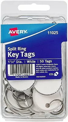 Avery 1-1/4  Metal Rim Key Tags Split Ring White 50 Tags (11025) • $25.99