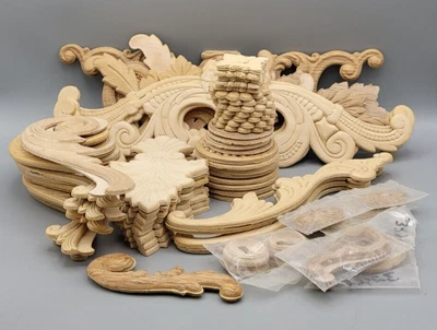 $69.95 • Buy 74Pcs Wood Decorative Long Carved Onlay Applique Furniture Corners Ornament