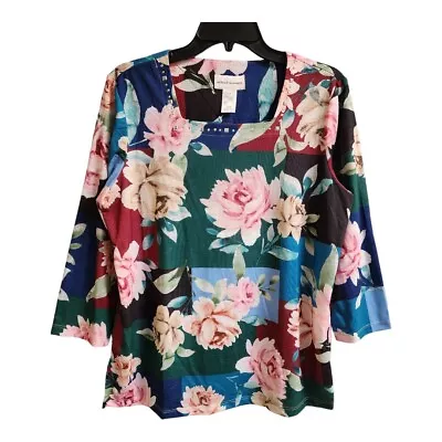 Alfred Dunner Womens Floral Print 3/4 Sleeve Square Neck Top Blouse Size M • £16.29