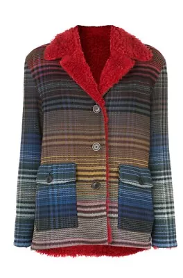 $4k Missoni Coat Jacket Plaid Faux Fur Shearling Sheepskin Red Blue Black 42 • $645