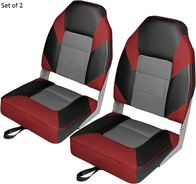Set Of 2 High Back Folding Padded Boat Seats Marine Grade Vinyl Black Red Chairs • $215.89