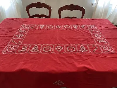 Vintage Handmade Christmas Tablecloth Red Cross Stitch 84  X 60  Red & White • $59.95