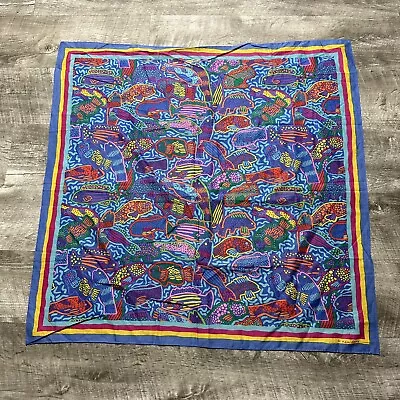$29.99 • Buy Vintage 80s Ken Done Multi-Color Group Of Fishes Silk Scarf Graphic Art Print