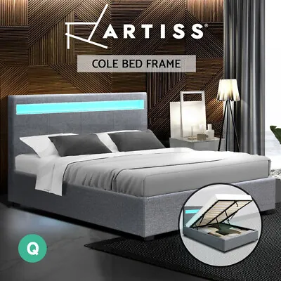 $333.40 • Buy Artiss RGB LED Bed Frame Queen Size Gas Lift Base Storage Grey Fabric COLE
