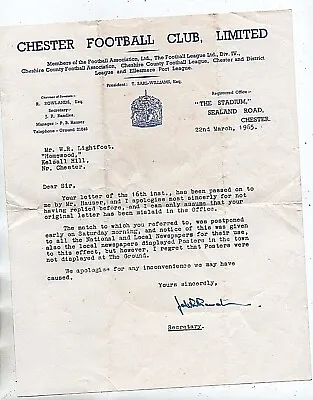£4.99 • Buy CHESTER FC 1965 HEADED LETTER Re POSTPONED GAME Ink Signed By Secretary FREEPOST