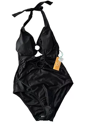 NWT Kona Sol XL Black Double Ring Cut-Out Halter One Piece Swimsuit #MQ15 • $17.77