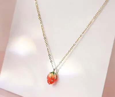 Pink Strawberry Pendant 925 Sterling Silver Necklace Chain Womens Jewellery Gift • £3.49