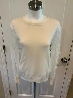 Magaschoni Ivory Cashmere Crew Neck Sweater W/ Floral Lace Sleeves Size Small • $34.12