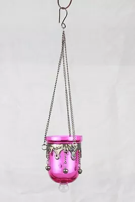 Moroccan Pink Glass Hanging Lamp With Metal Decor And Ghungroo Bells - Exquisite • $42.50