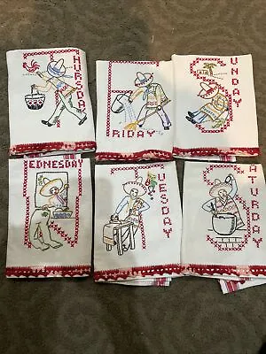 Vintage 5 Embroidered Dish Towels  Days Of The Week Mexican Sombrero • $36