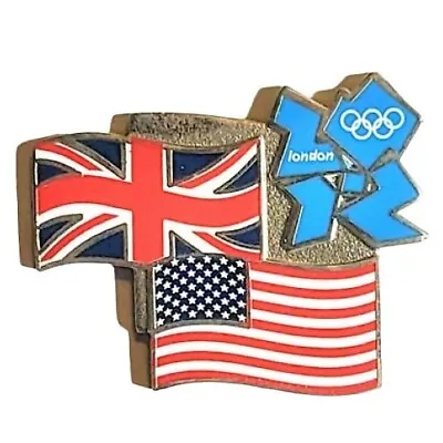 2012 London Olympics British Union Jack & American Flag Aqua Logo Hat Lapel Pin • $14.95