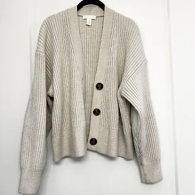 H&M Sz M Ivory Ribbed Thick Wool Button-down Balloon Sleeve Cardigan Sweater • $9.99